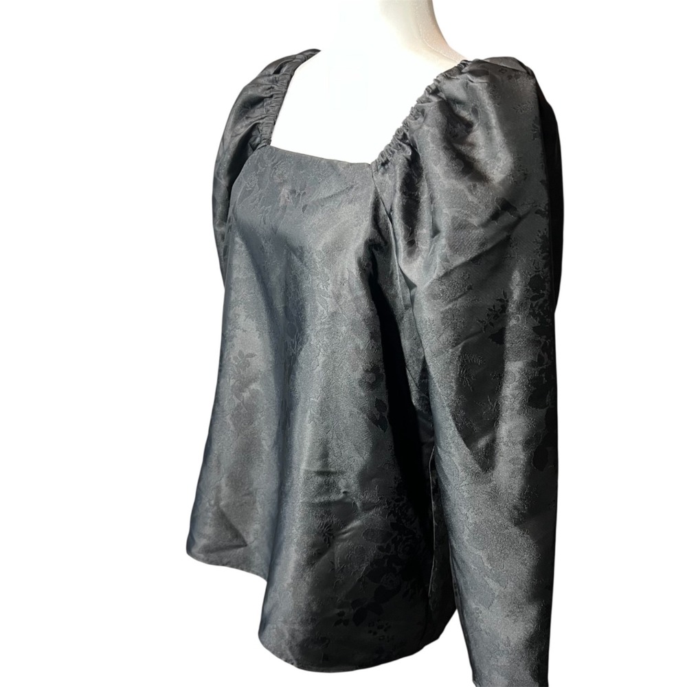 Rachel Parcell Blouse Women's XXL Black Jacquard Satin Puff Sleeve Date Night